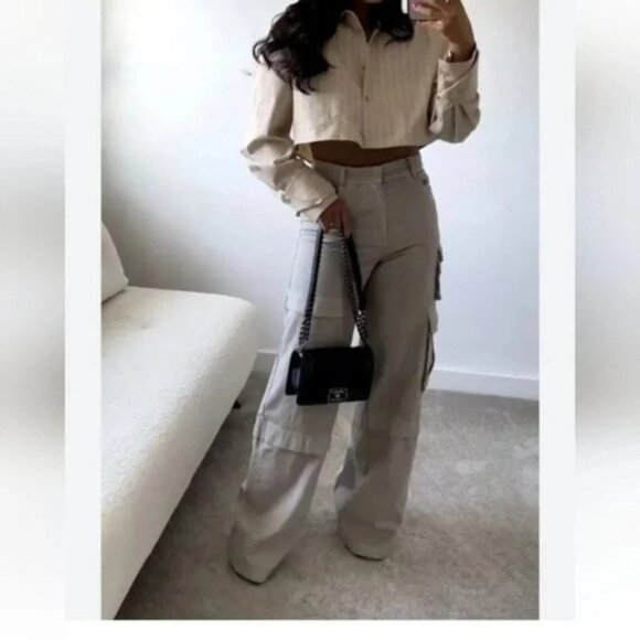 ZARA Extra Long Wide Leg Baggy Cargo Pants Womens Small Khaki - Picture 5 of 8